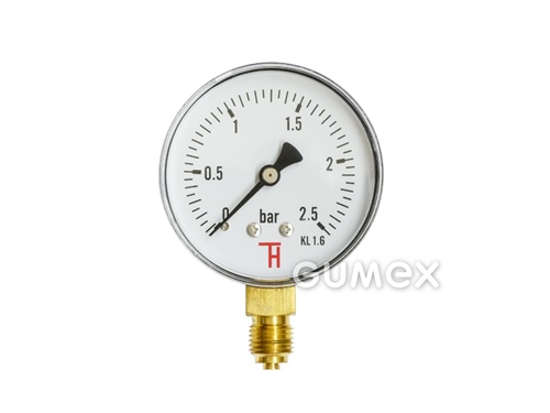 Manometr standardní se spodním vývodem, průměr 63mm, vnější závit G 1/4", 0-2,5bar, třída přesnosti 1,6%, průzor akryl, pouzdro ocel, -40°C/+60°C